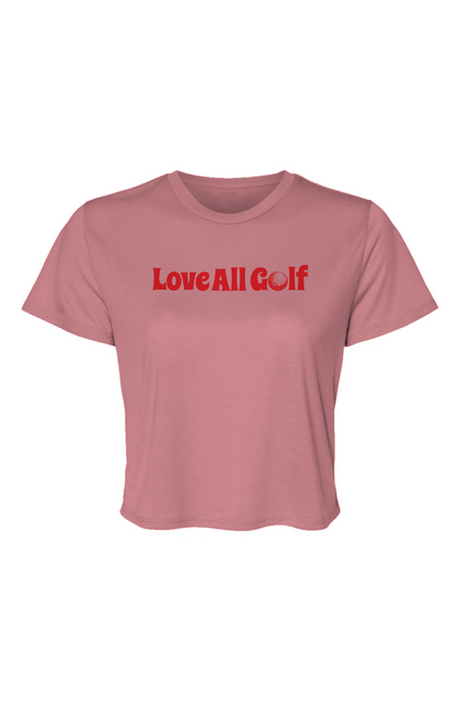 Mauve t-shirt with "Love All Golf" on the front in red text on a white background