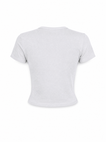 A white short-sleeve crop top shown from the back, displayed on a clean white background.