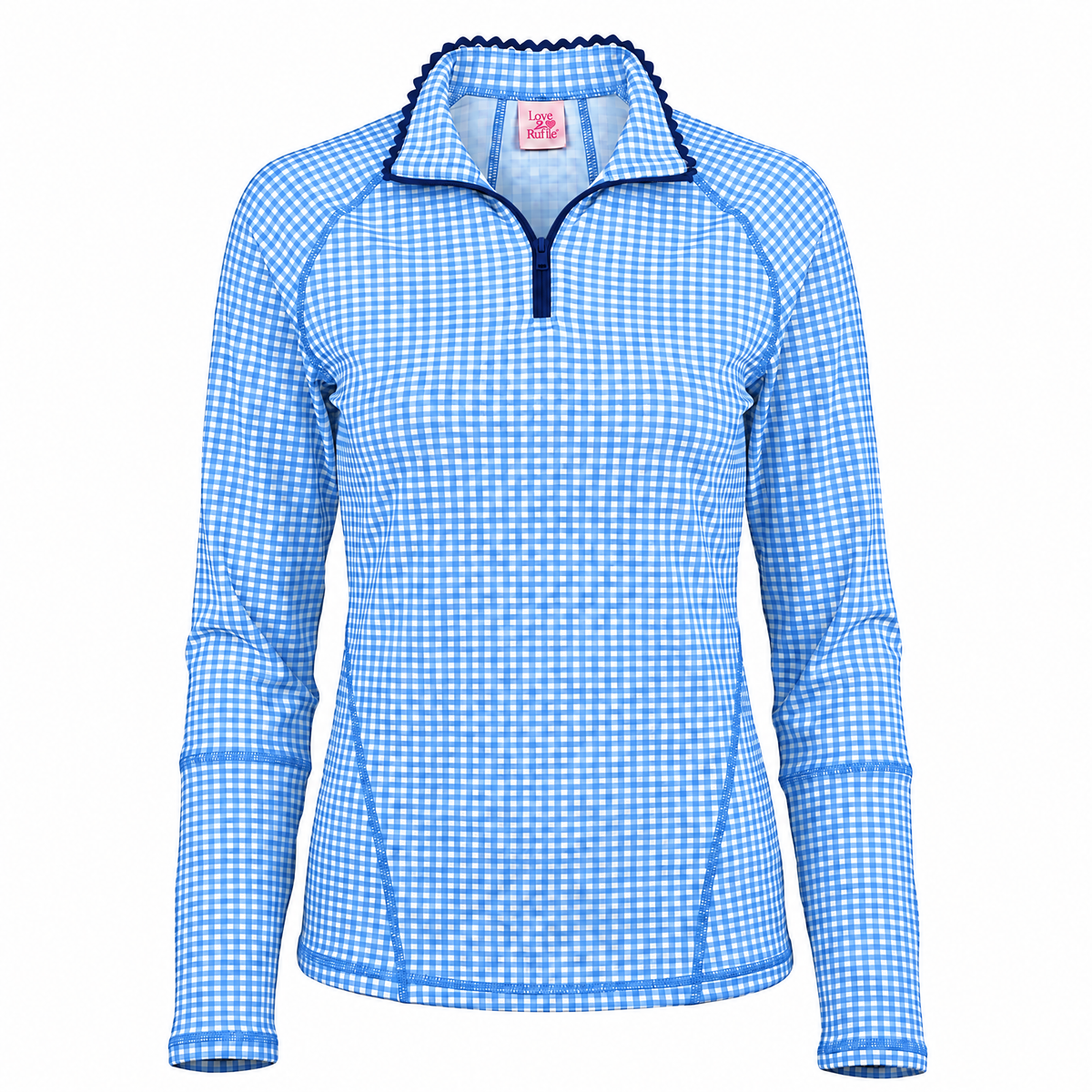 A women's long-sleeve quarter-zip pullover in a light blue and white gingham pattern, featuring a dark blue scalloped collar and zipper trim.
