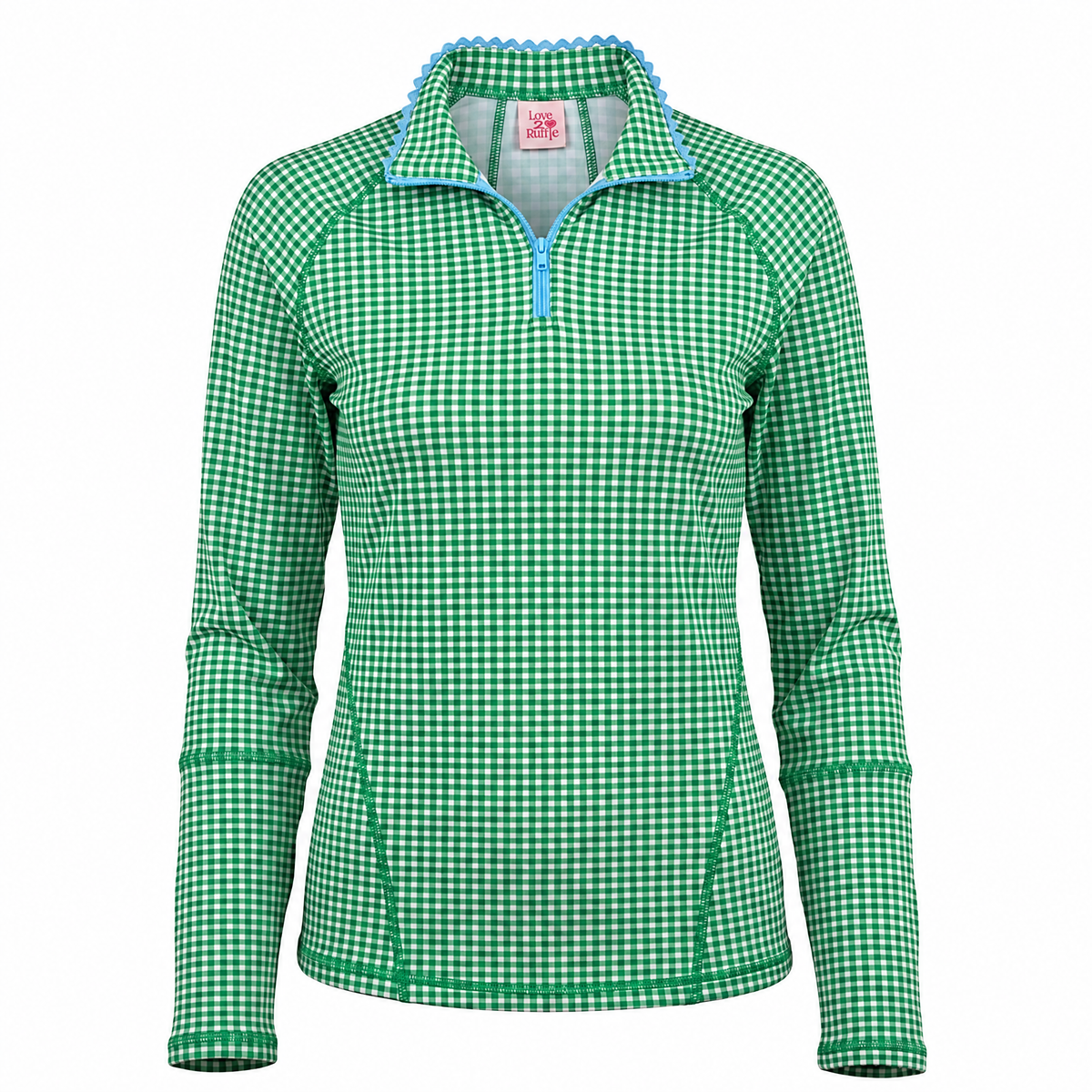 A green and white gingham long-sleeve quarter-zip pullover with light blue trim on the collar and zipper, shown against a plain white background.