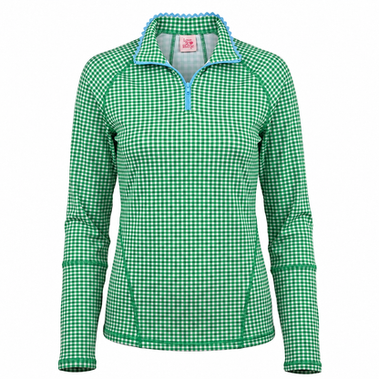 A green and white gingham long-sleeve quarter-zip pullover with light blue trim on the collar and zipper, shown against a plain white background.