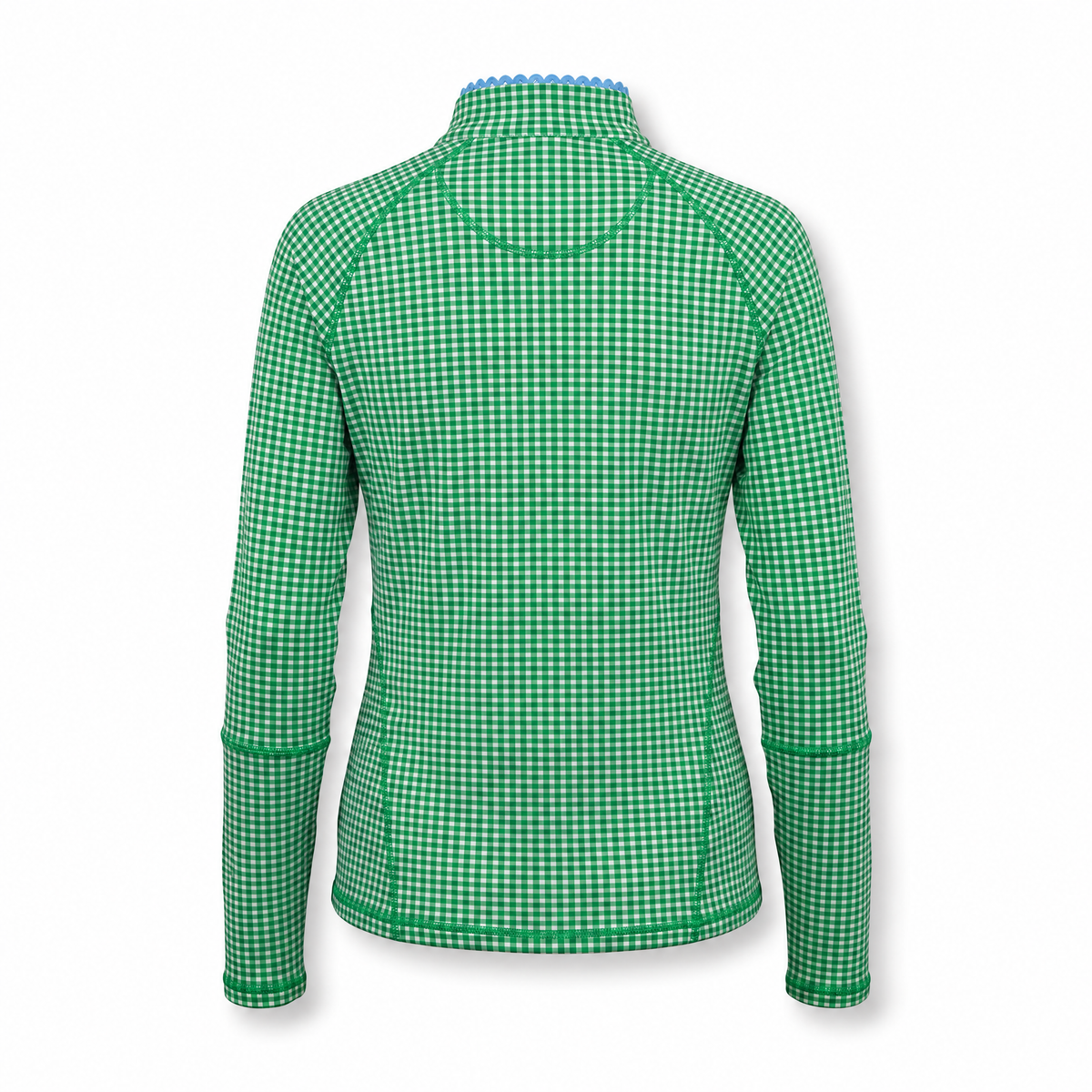 A green and white gingham long-sleeve athletic top shown from the back, featuring a mock neck and zippered back, displayed on a white background.