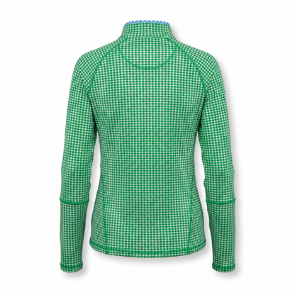 A green and white gingham long-sleeve athletic top shown from the back, featuring a mock neck and zippered back, displayed on a white background.