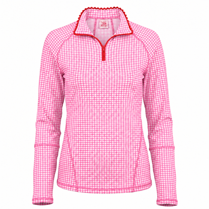 A women's long-sleeve quarter-zip fleece pullover in a pink and white gingham check pattern, featuring red trim along the collar and zipper pull.