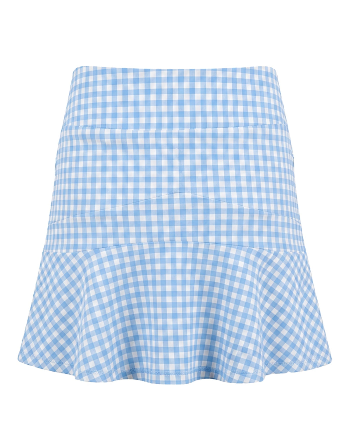 A light blue and white gingham mini skirt with a flared ruffle hem, shown against a plain white background.