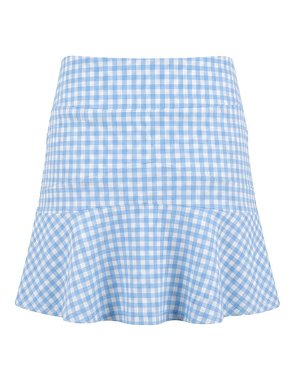 A light blue and white gingham mini skirt with a flared ruffle hem, shown against a plain white background.