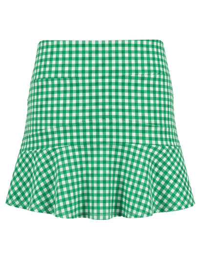 Green and white gingham check mini skirt with a flared ruffled hem, shown against a plain white background.