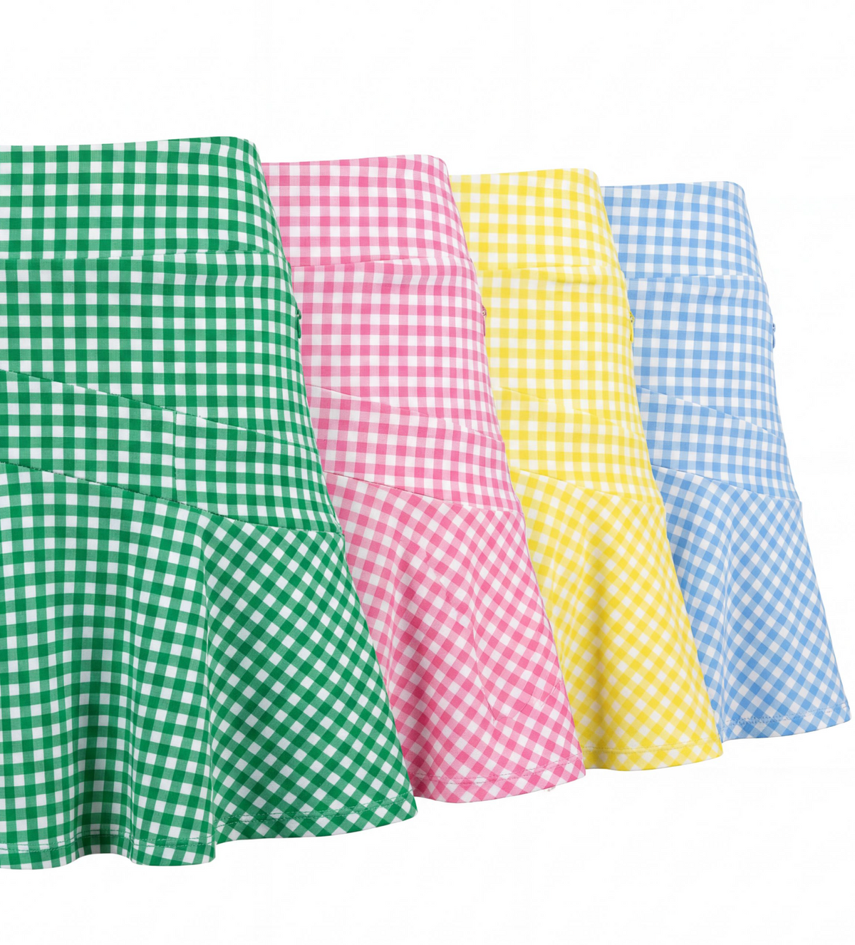 Four gingham skirts in green, pink, yellow, and blue shown on a white background