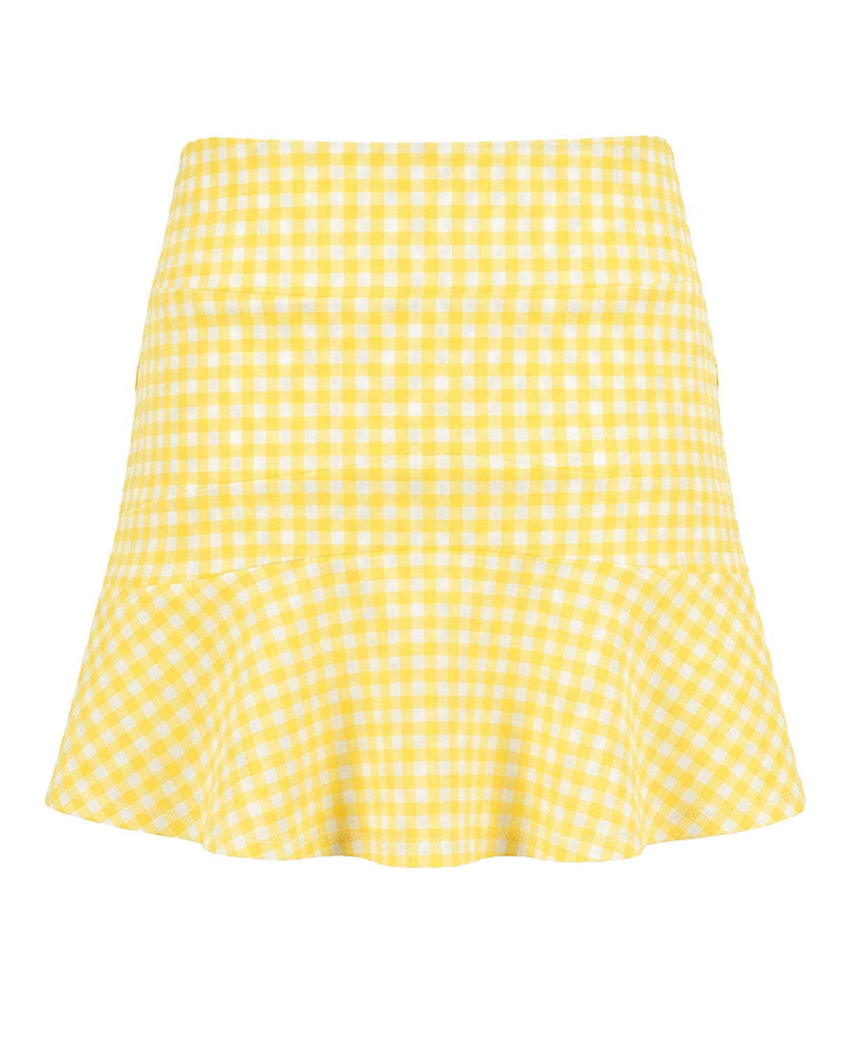 A yellow and white gingham mini skirt with a flared ruffle hem, shown against a plain white background.