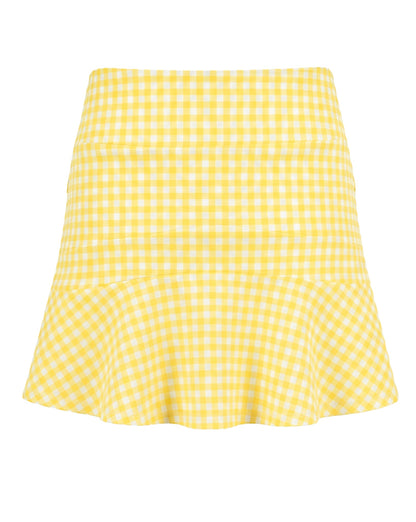 A yellow and white gingham mini skirt with a flared ruffle hem, shown against a plain white background.