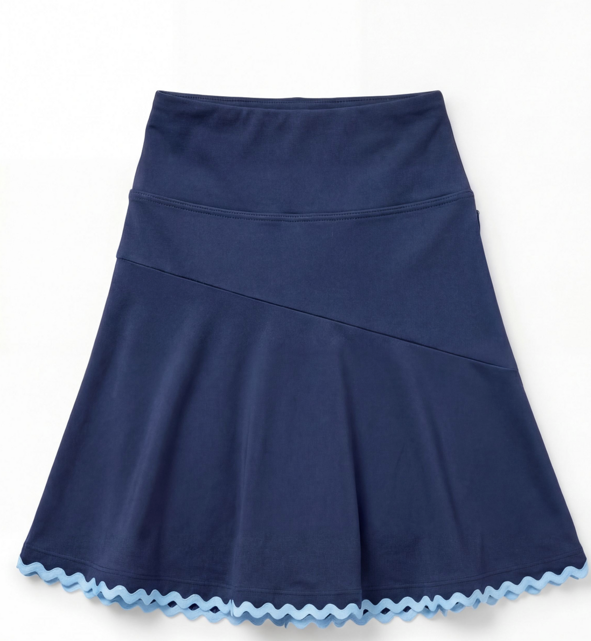 Navy athletic skirt with light blue scalloped hem on a flat white background