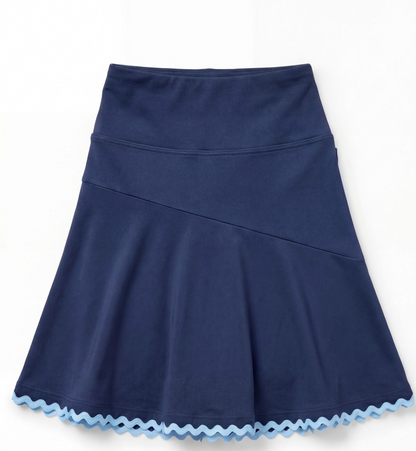 Navy athletic skirt with light blue scalloped hem on a flat white background