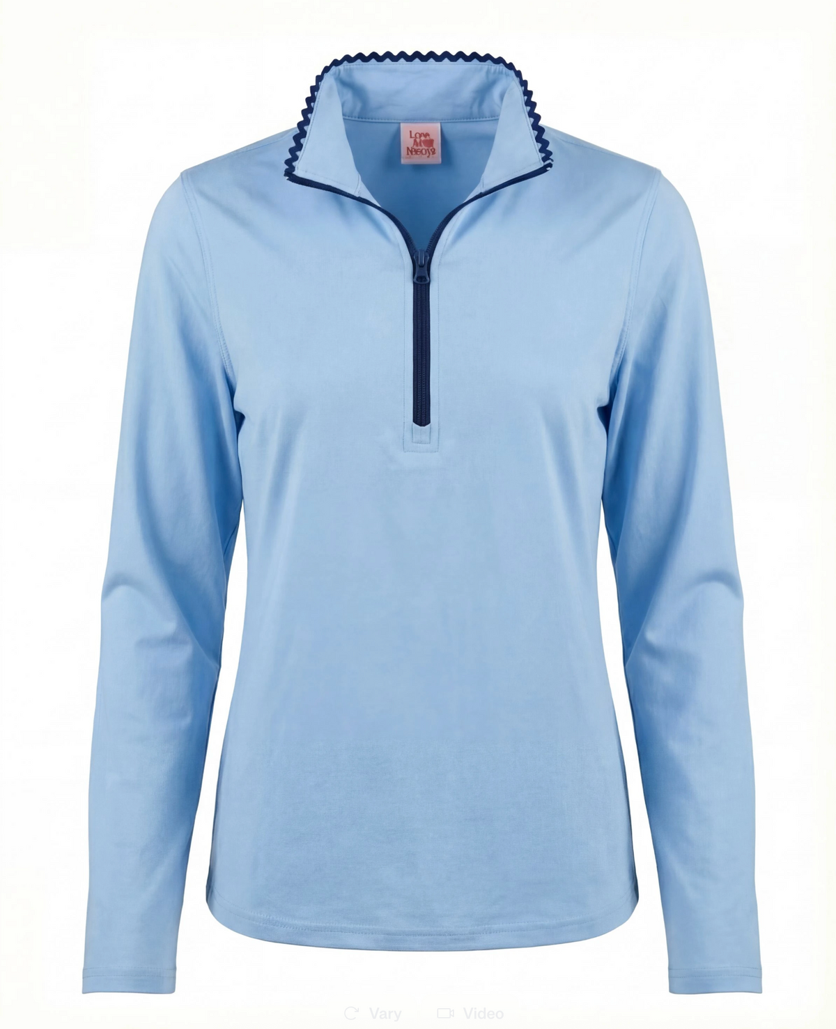 Light blue long sleeve top with navy trim and zipper on a flat white background