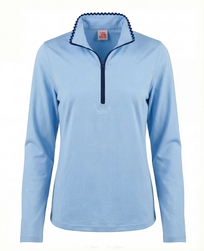 Light blue long sleeve top with navy trim and zipper on a flat white background