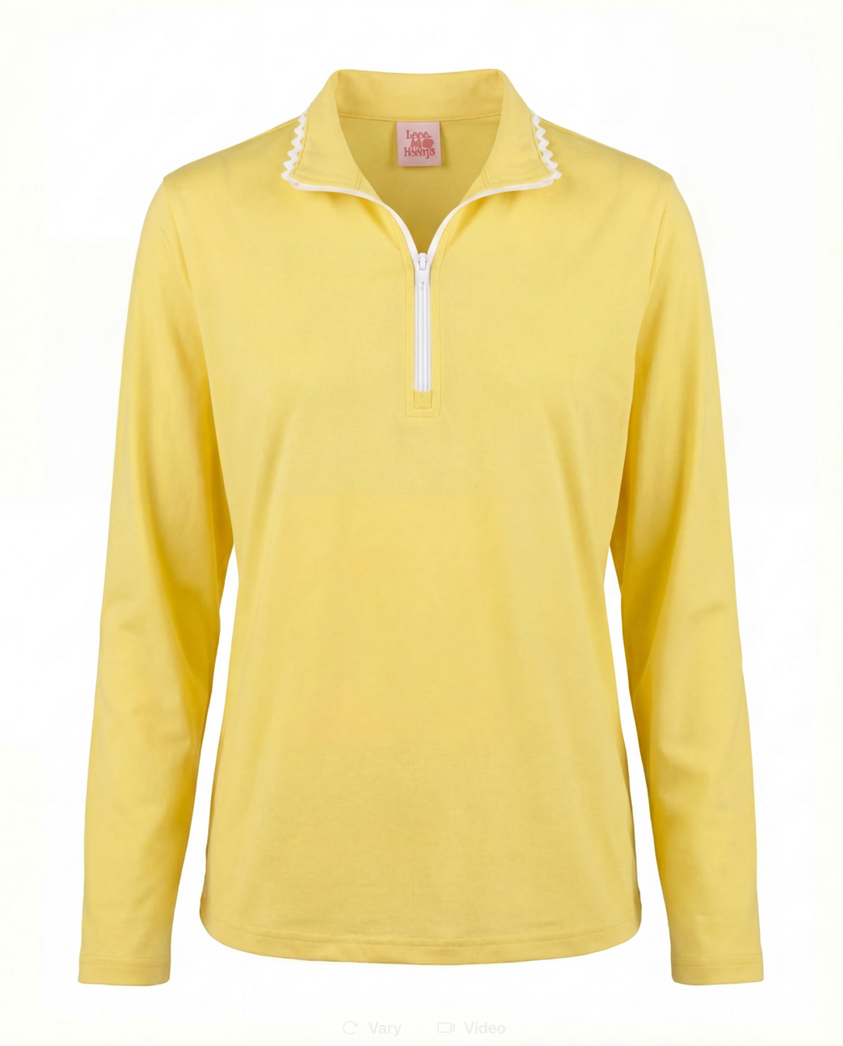 White long sleeve quarter zip top with white trim and zipper shown against a flat white background