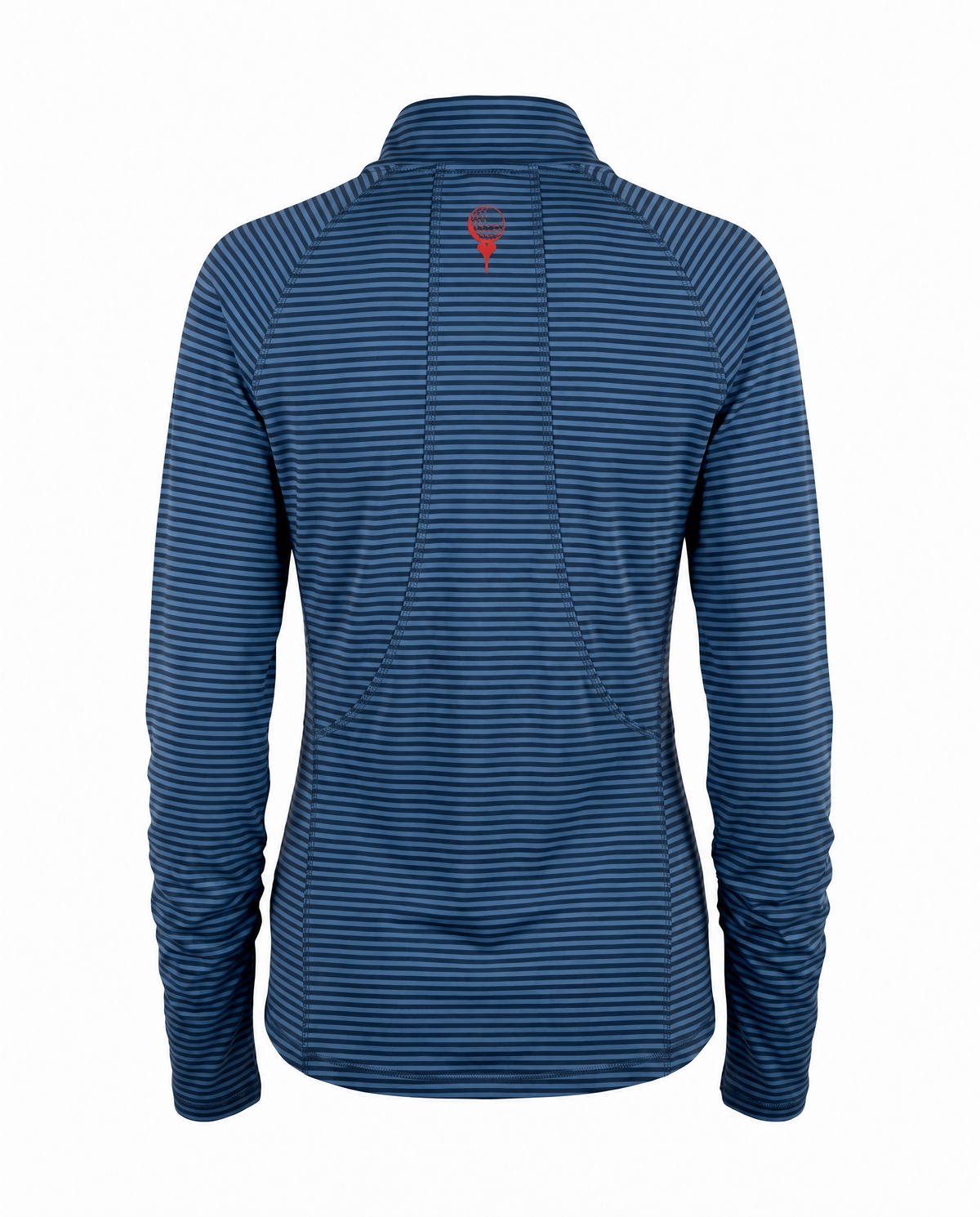 A women's long-sleeve quarter-zip pullover shown from the back, featuring a navy blue and dark gray horizontal stripe pattern with a small red logo on the upper back.