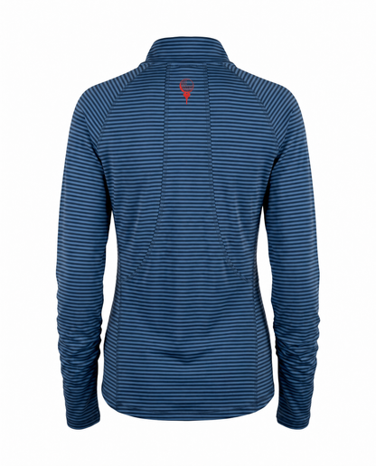 A women's long-sleeve quarter-zip pullover shown from the back, featuring a navy blue and dark gray horizontal stripe pattern with a small red logo on the upper back.