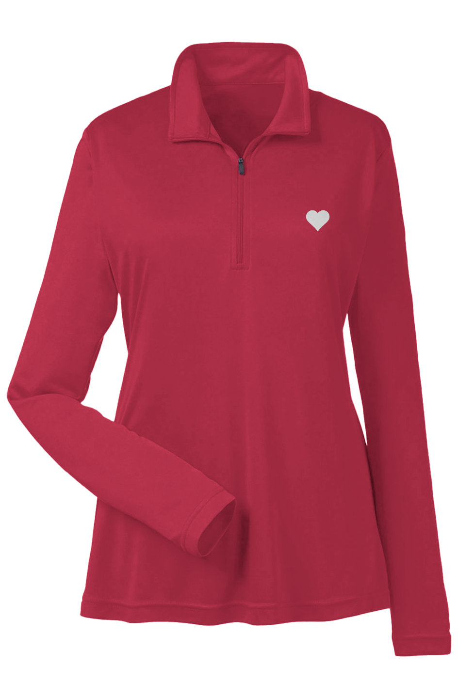Red quarter zip with white heart logo on a flat white background