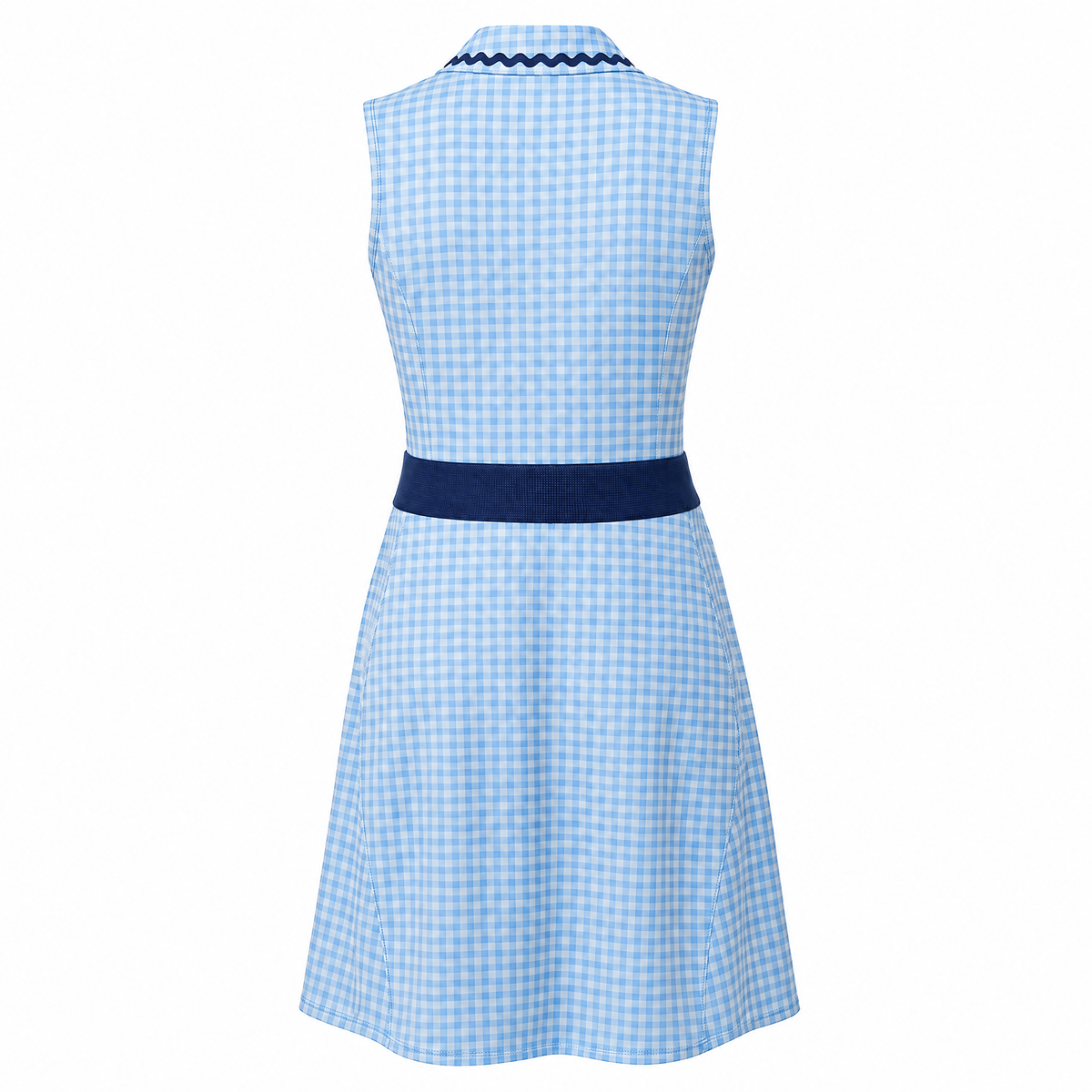 A sleeveless light blue and white gingham dress with a solid navy blue waistband and matching navy blue collar trim, shown from the back on a white background.