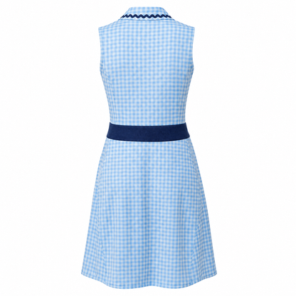 A sleeveless light blue and white gingham dress with a solid navy blue waistband and matching navy blue collar trim, shown from the back on a white background.