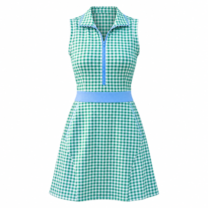 A sleeveless collared dress with a green and white gingham pattern, a light blue half-zip neckline, a solid light blue waistband, and a matching light blue zipper, shown on a plain white background.