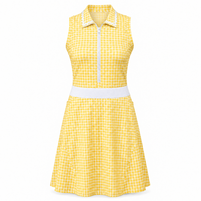 A sleeveless yellow and white gingham dress with a white collar, white front zipper, and a white waistband, shown against a plain white background.
