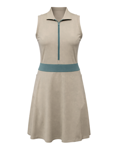 Beige sleeveless dress with a blue accent on a white background