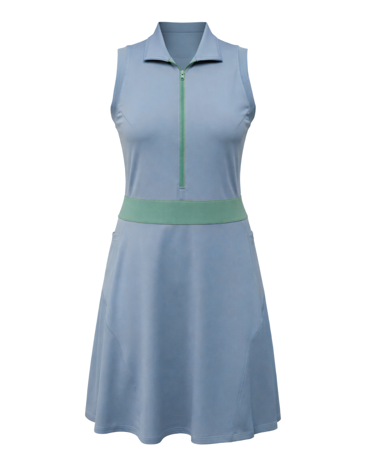 Light blue sleeveless dress with green accent on a white background