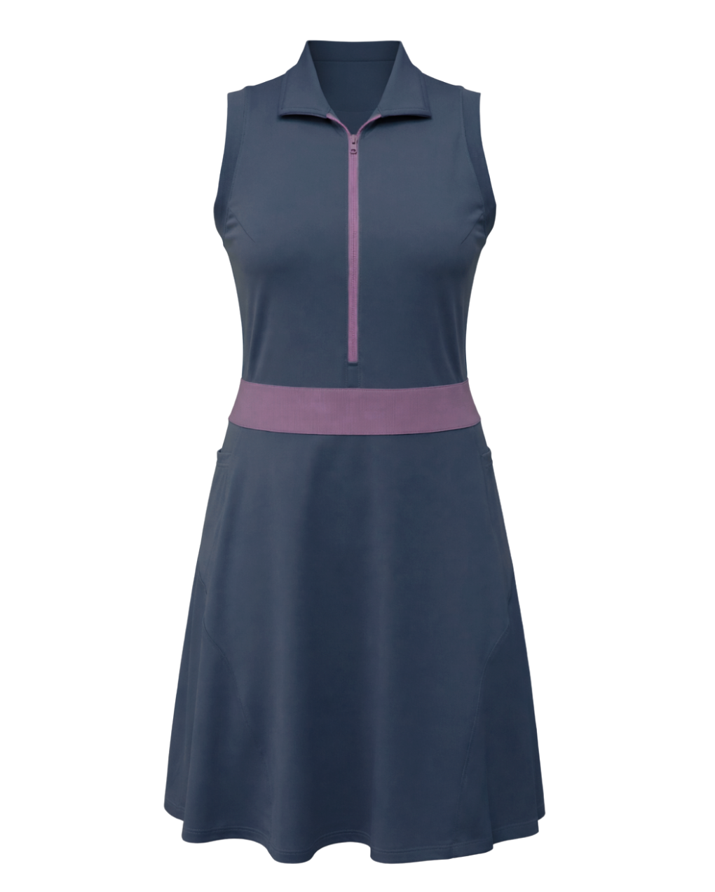 Navy sleeveless dress with purple accents on a white background