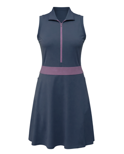 Navy sleeveless dress with purple accents on a white background