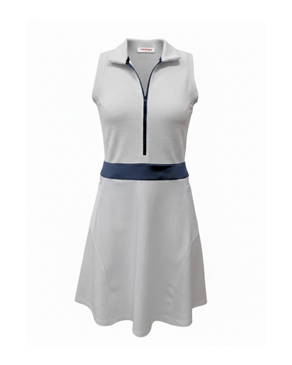 White sleeveless dress with navy belt on a white background