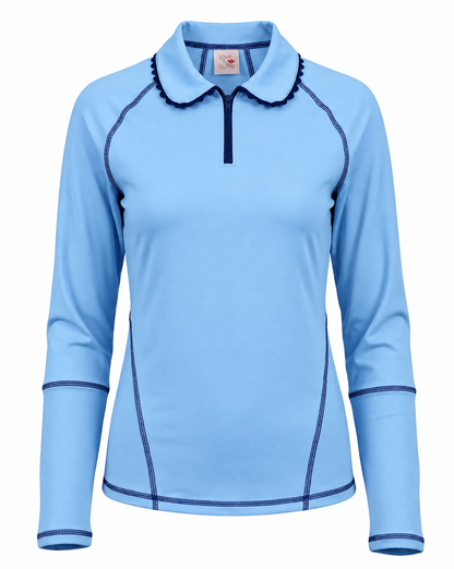 A light blue long-sleeve performance top with a half-zip collar, featuring dark navy contrast stitching and trim along the collar, shoulders, and cuffs, shown on a plain white background.