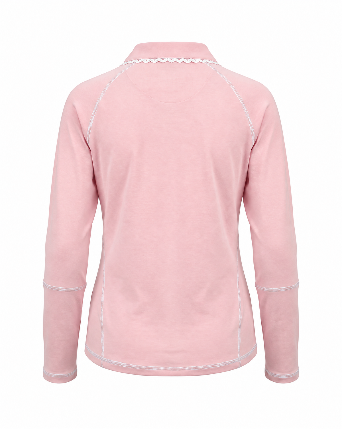 A light pink long-sleeve fleece jacket shown from the back, featuring white contrast stitching along the collar, shoulders, and cuffs, set against a plain white background.