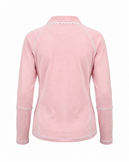 A light pink long-sleeve fleece jacket shown from the back, featuring white contrast stitching along the collar, shoulders, and cuffs, set against a plain white background.