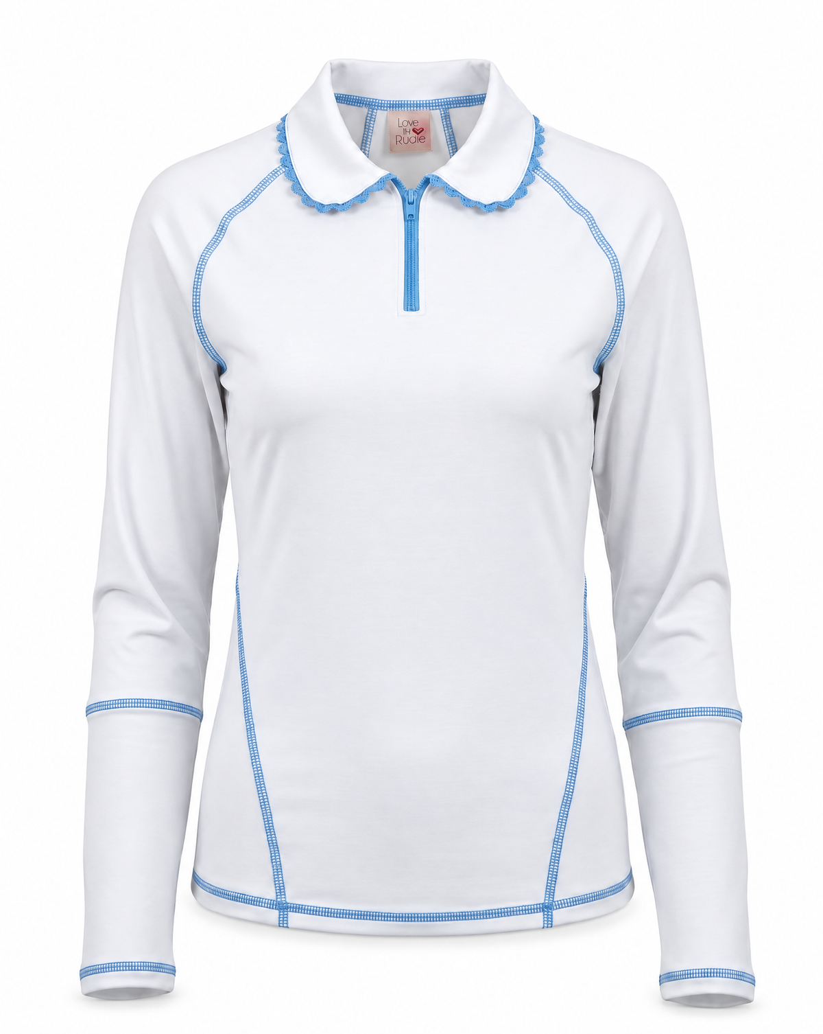 A white long-sleeve collared athletic top with light blue contrast stitching and trim, shown on a plain white background.