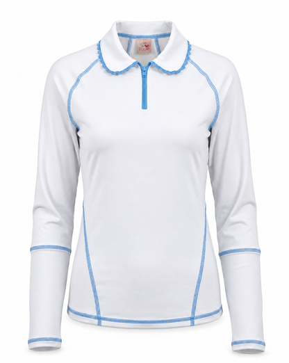 A white long-sleeve collared athletic top with light blue contrast stitching and trim, shown on a plain white background.