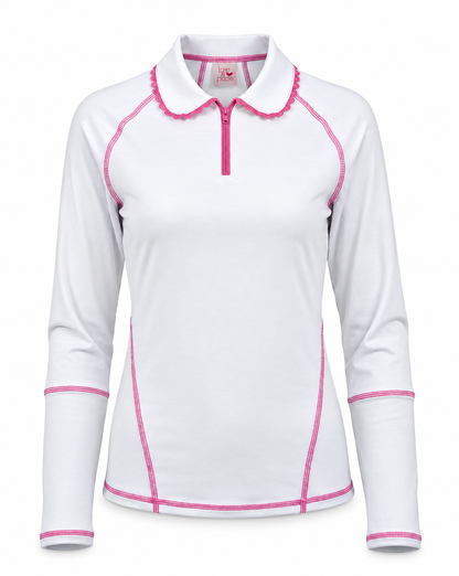 A white long-sleeve collared athletic top with pink contrast stitching and trim, featuring a short front zipper and raglan sleeves, shown on a plain white background.