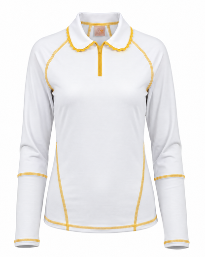A white long-sleeve performance polo shirt with yellow contrast stitching and a yellow zipper, shown on a clean white background.