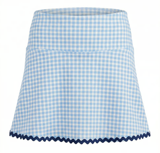 Blue and white checkered skirt with scalloped hem on a white background
