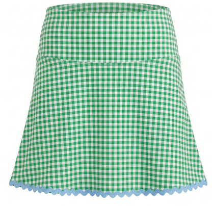 Green and white gingham skirt with light blue trim on flat white background