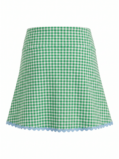 Green and white gingham check flared skirt with a light blue scalloped hem, shown against a plain white background.