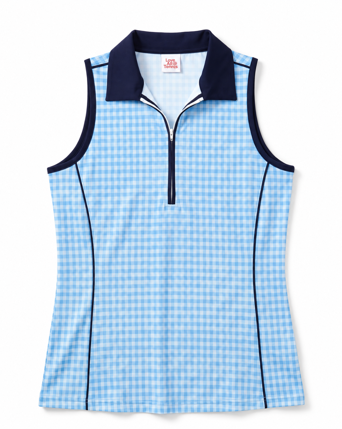 A sleeveless women's quarter-zip polo top featuring a light blue and white gingham pattern, with dark navy blue trim on the collar, armholes, and side seams.
