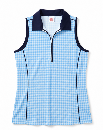 A sleeveless women's quarter-zip polo top featuring a light blue and white gingham pattern, with dark navy blue trim on the collar, armholes, and side seams.