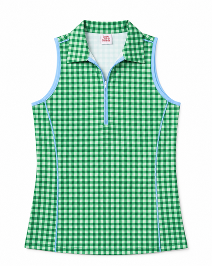 A sleeveless women's polo-style top with a green and white gingham check pattern, a light blue trim along the collar and armholes, and a light blue zipper at the neckline, shown on a plain white background.