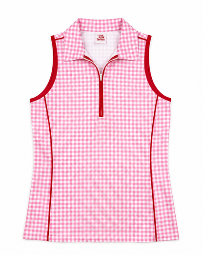 A sleeveless women's top with a pink and white gingham check pattern, a red trim collar, red trim along the zipper, and red piping details on a white background.