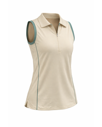Beige sleeveless polo shirt with green accents on a white background