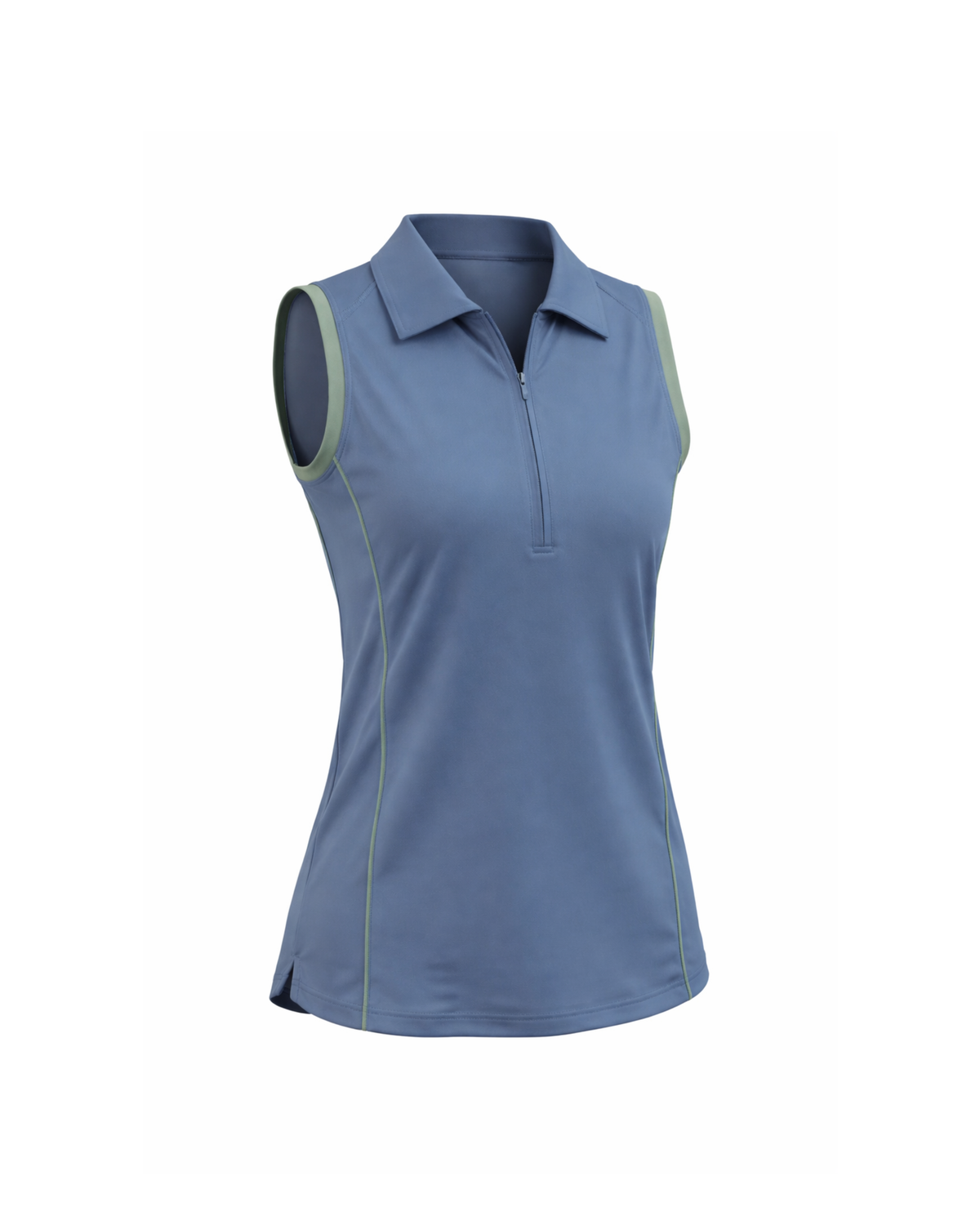 Blue sleeveless polo shirt on a white background