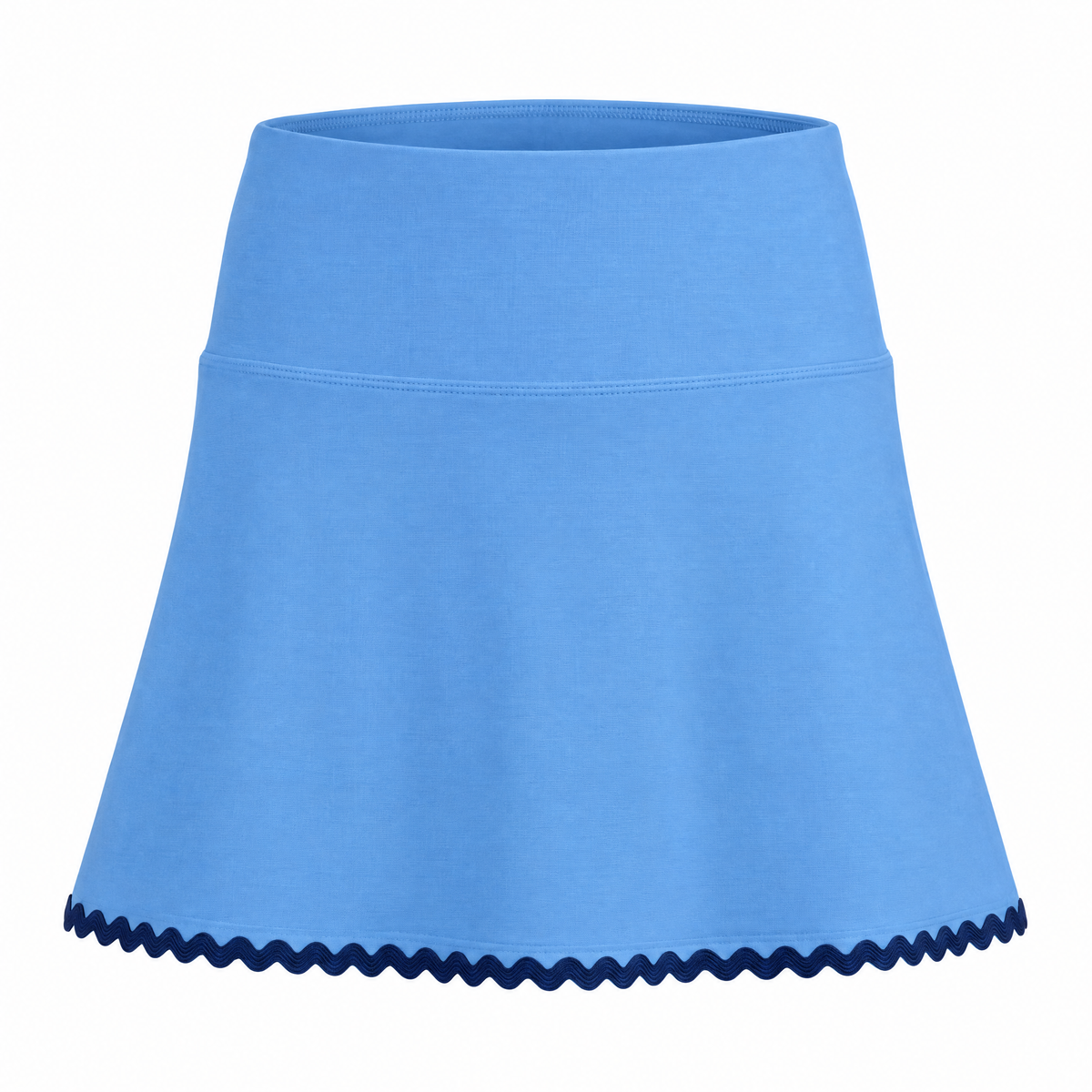 A light blue athletic skirt with a scalloped dark navy hem, shown against a plain white background.