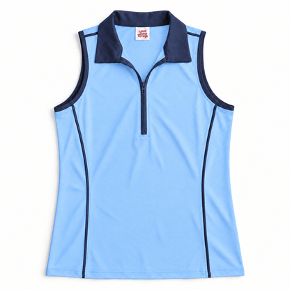 Light blue and navy golf polo laid flat on white background