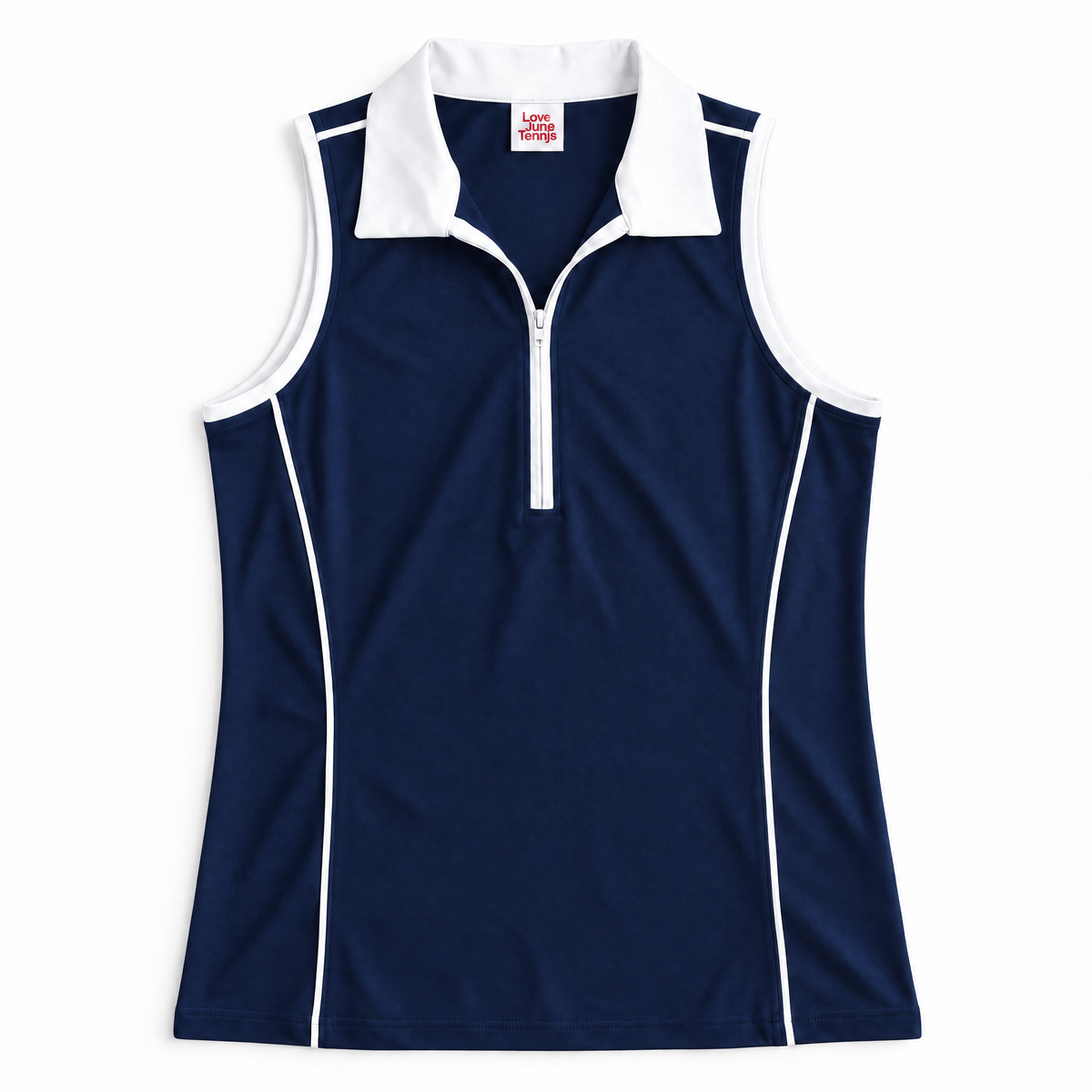 Navy and white golf polo laid flat on white background